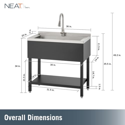 Image of Stainless Steel Utility Sink, Oversized Freestanding Single Bowl Utility Sink with Pull-Out Faucet, for Garage, Laundry Room, Shop, NSF Certified, 36 inchW x 20 inchD x 50 inchH, Black