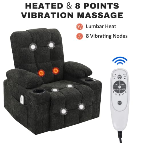 Image of Swivel Rocker Recliner Chair, Recliner Single Sofa with Massage,Manual Nursery Rocking Chair with Side Pockets & Cup Holder, Modern Recliner with Heating for Living Room, Apartment(Black)