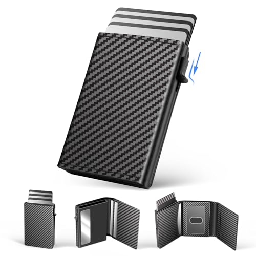Mens Pop Up Wallet for Card Slim Wallets for Men with ID Window, 12-14 Cards Capacity, Pop Up Aluminum Case, RFID Blocking, Front Pocket, Cash Slot,Carbon Fiber Leather
