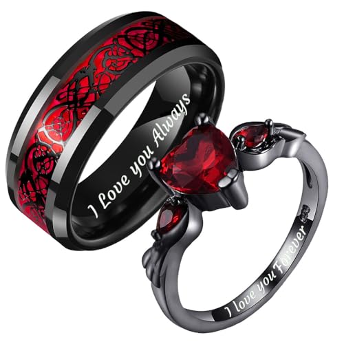 AKEL DOAP Custom Couple Rings Stainless Steel Promise Rings for Him and Her Red and Black Wedding Rings for Couples Set Personalized Heart CZ Engagement Rings for Women Celtic Dragon Titanium Rings For Men (Red-Couples)