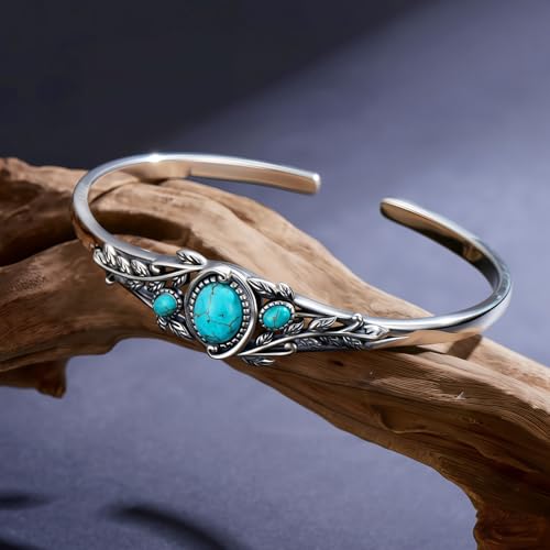Genuine Turquoise Leaf Boho Bracelet, Sterling Silver Native American Adjustable Bangle Cuff Jewelry for Women, Fit for 6.5 7 7.5 Inches2