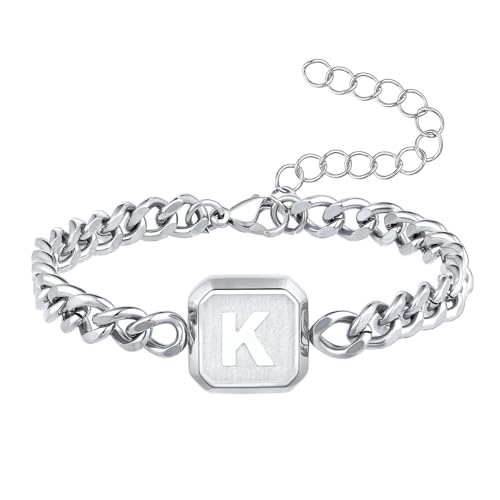 Image of Bellino Initial Bracelet Cuban Link Chain Mens Bracelets Jewelry Gifts | Initial Cuban Link Bracelet for Mens Bracelet Adjustable Size Stainless Steel Men Jewelry Birthday for him Dad Brother Son