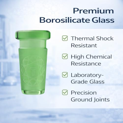 Image of Terporium Borosilicate Glass Reduction Adapter (Single) | Laboratory Glassware Connector | 14mm Male to 10mm Female Scientific Glass Adapter Lab Glassware | Green