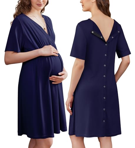 Image of Ekouaer Labor and Delivery Gown for Hospital Short Sleeve Maternity Nursing Dress Nightgown with Button S-XXL