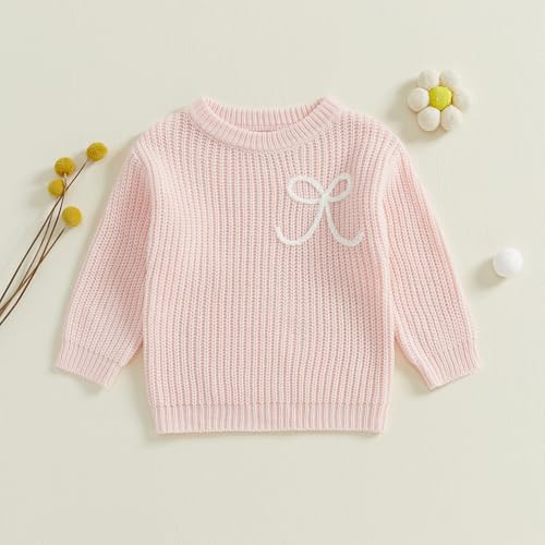 Little Girl Fall Sweater Bowknot Embroidery Long Sleeve Crew Neck Chunky Knitwear Pullover2
