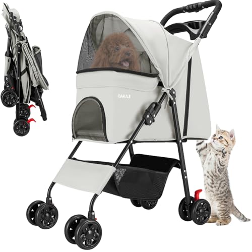 BAKAJI Passeggino per Animali Domestici Carico Massimo 30kg, Carrozzina per Cani e Gatti Pieghevole e Salvaspazio con Cestello Portaoggetti e Ruote Bloccabili, Cappottina Protettiva Anti UV (Grigio)