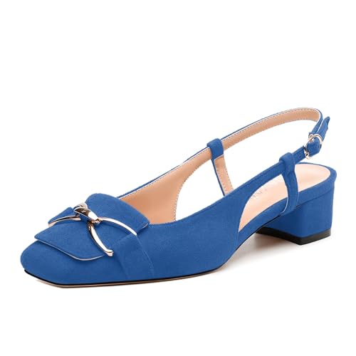 Womens Slingback Pumps, Square Toe Low Heels, Adjustable Ankle Buckle Fashion Comfort Wedding Casual Party Shoes