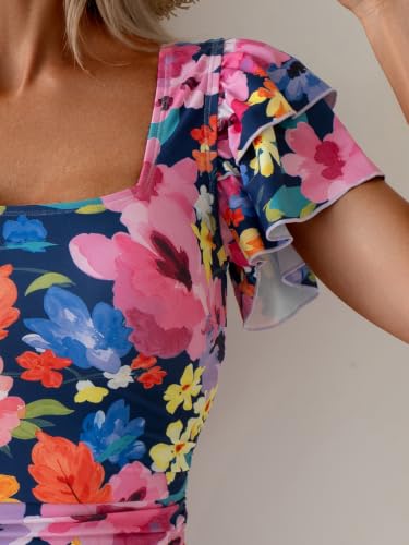 Image of Eomenie Women's Tummy Control One Piece Swimsuit Ruffle Square Neck Bathing Suit Ruched Cutout Back Slimming Swimwear