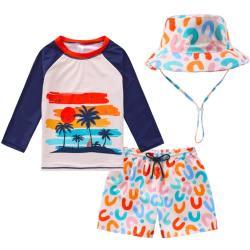 Image of Tunoluker Toddlers Baby Boys' 3-Piece Rashguard Sets Swimsuits Bathing Suit with Hat Surfing Swimwear Sunsuit UPF 50+