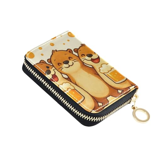 Cheerful Cartoon Otters Beige Wallet Womens Zip Around RFID Blocking Card Holder Cute Small Coin Purse Pouch with Zipper