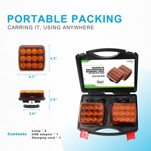 Agrieyes 2Pcs Rechargeable Flashing Lights for Vehicles, Super Magnetic Strobe Hazard Lights, Wireless Portable Amber Led Warning Beacon Emergency Light for Trucks Bus Tractor Oversize Trailer