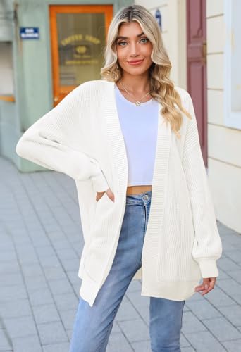 2026 Fall Long Cardigan for Women Batwing Sleeve Open Front Ribbed Knit Oversized Cardigans Sweaters with Pockets White L - image 2