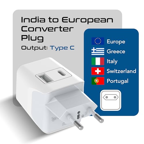 Image of Ceptics Travel Adapter India to Europe, 3 in 1 Plug Adapter for Germany, France With 1 USB, 1 USB-C, Type C for Laptops, Phones, CE - RoHS, White 1pc