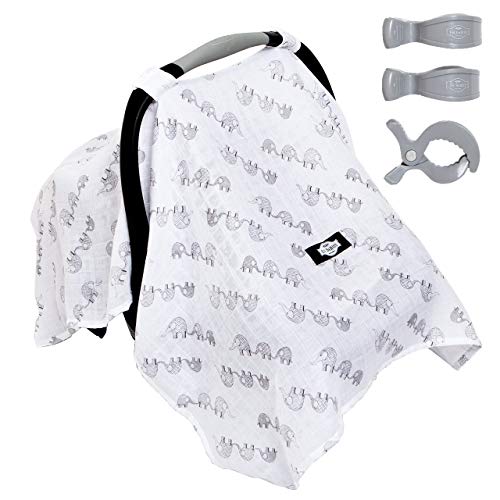 Super Sale!!! 100% Organic Cotton Baby Car Seat Canopy Cover/Stroller Covers Gift Set for Infant or Babies - 3 Adjustment Clips Included (Elephant)