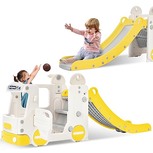 Image of Merax 4-in-1 Toddler Slide, Kids Slide Indoor with Bus Playhouse and Basketball Hoop, Outdoor Baby Slide for Toddlers 1+
