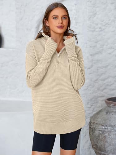 PRETTYGARDEN Womens Long Sleeve Quarter Zip Pullover Sweater Casual Loose V Neck Collared Ribbed Knit Jumper Tops Thumb Hole - Image 4