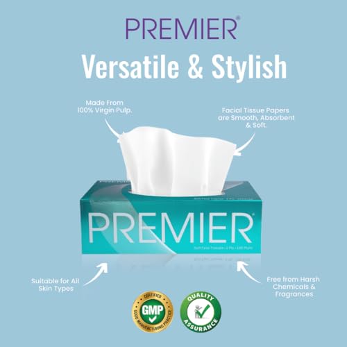 Image of Premier 2-Ply Box Face Tissue Papers - 100 Pulls per Box (Pack of 4, 400 Pulls, 800 Sheets) -Ultra Soft, Gentle & Highly Absorbent Facial Tissues for Home, Office, Car & Travel | Green