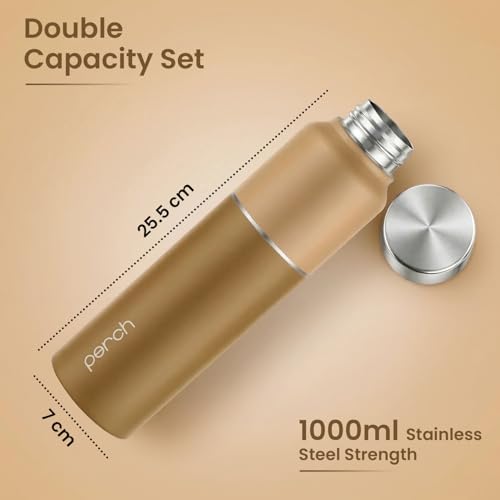 Image of Perch Magic ISI Certified Stainless Steel Water Bottle 1 Ltr | Fridge Bottle with Sipper Cap & Straw | Single Wall | BPA Free | Lightweight | For Home, Office, Gym, Travelling Set of 2 (Brown & Pink)