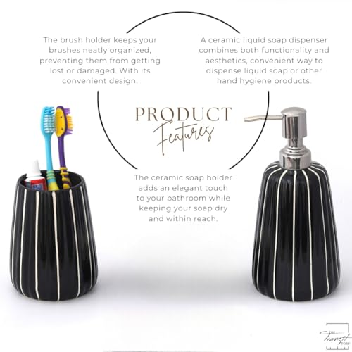 Image of Hand-Painted Ceramic Bathroom Accessories Set of 2 - Black Stripe