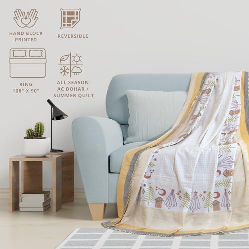 Image of TOAIArt Premium Jaipuri Dohar | AC Blanket Summer Quilt | Hand Block Printed | 3 Layers | Reversible | 150GSM 100% Mulmul Cotton | 100% Cotton Flannel Filling | King 108 inch X 90 inch |Yellow Polka Homes