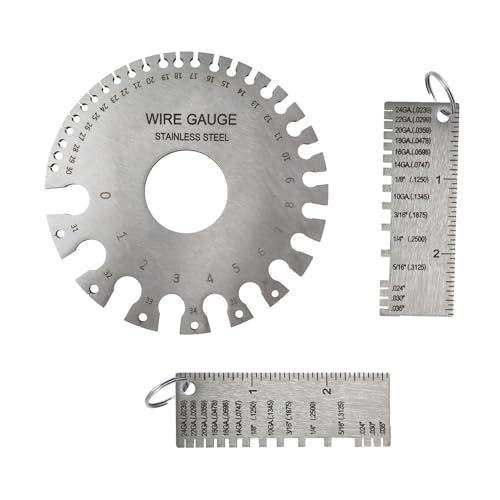 3pcs Stainless Steel Wire Metal Sheet Thickness Gauge - Metal Welding Gage Plated Size Inspection Tool+ Round Dual-Sided Wire Cable Sheet Gage Standard Thickness Metal Gauge AWG and SAE