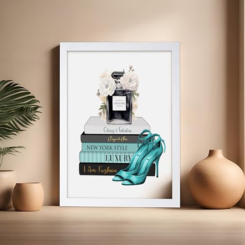 Image of Poster Master Fashion Print - Blue Designer Poster - Shoes & Perfume Art - Chic Gift for Her & Fashionista - Luxury Haute Couture Decor for Bedroom or Girl's Room - 16x20 White Framed