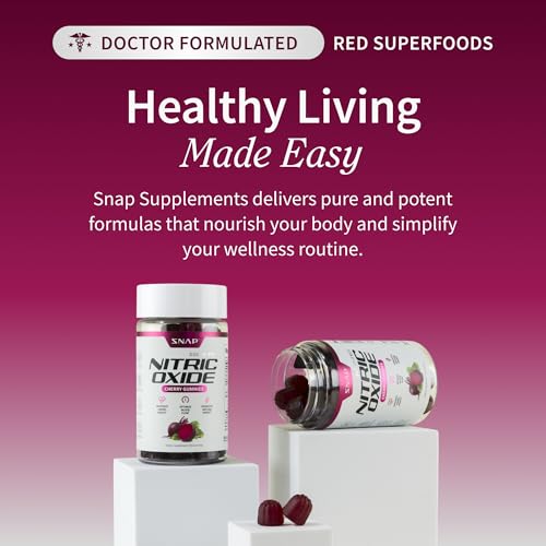 Image of Snap Supplements Nitric Oxide Gummies - Beet Root Extract 300mg, Sugar Free Beetroot Supplement with Pomegranate Powder for Circulation & Natural Energy, 60 Vegan Gummies, Cherry Flavor