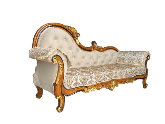 Image of Victorian Style Chaise Lounge, Tufted Cream Upholstery, Mahogany Wood Frame, Classic Living Room Furniture (diwan 3 Set)