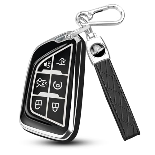 Image of QBUC for Cadillac Key Fob Cover with Leather Keychain (Chrome Trim Black) | Soft TPU Protection Case Compatible with 2020-2026 Cadillac Escalade Lyriq Optiq 6-Buttons