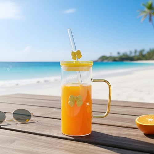 Image of FUNKYFINDS Cute Yellow Bow Square Glass Cup 400 ml with Handle, Lid & Bow Straw Cute Korean Style Cup for Milk, Juice, Coffee & Smoothies Coquette Bows Birthday Gifts for Girls Women (Set of 1)