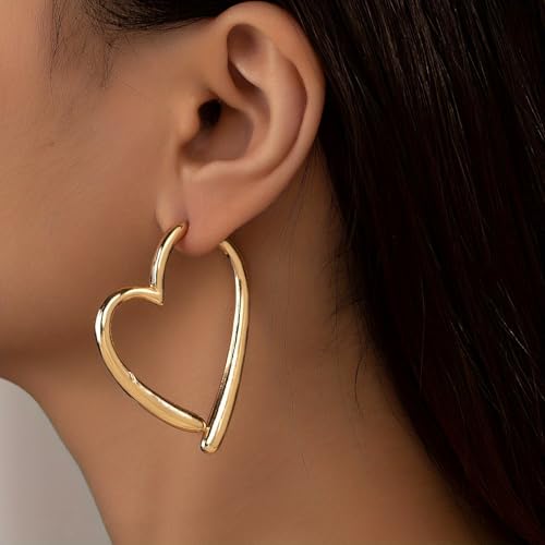 Gold Heart Asymmetrical Earrings for Women Large Heart Shaped Hoop Dangle Earrings Minimalist 80s Love Front Back Earrings Chrome Hearts Jewelry Gifts3