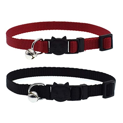 猫用首輪 ネコの首輪 サイズ調節可能 ベル付き セーフティバックル付 超軽量 柔らかい かわいい 無地 小型、中型猫適用くびわ 2点入り (赤・黒) 赤・黒 -