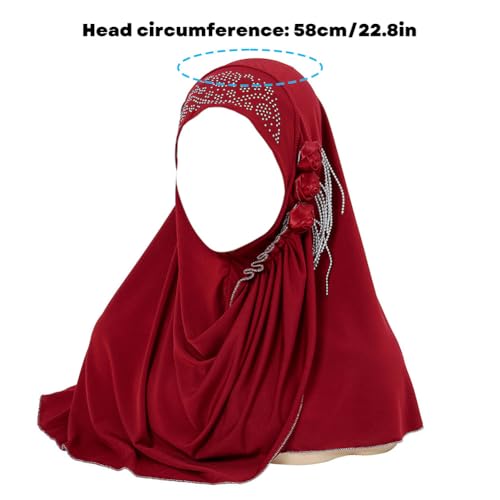 Women One Piece Muslim Hijab Lace Head Wrap Scarf Shawl with Rhinestones Muslim Hijab Head Wrap Scarf Shawl, Burgundy4