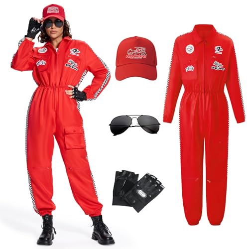 BuzzoXerex Costume de Course Femme, Deguisement Pilote de Course Costume Pilote de Course pour Adulte avec Chapeaux, Gants, Lunettes de Soleil pour Carnaval, Soirée Cosplay (Rouge, XL)