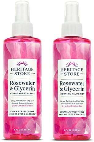 Heritage Store Rosewater & Glycerin 2-Pack, Hydrating Facial Mist for Dry Combination Skin Care, Rose Water Spray for Face with Vegetable Glycerine, Made Without Dyes or Alcohol, Vegan, 8oz Each