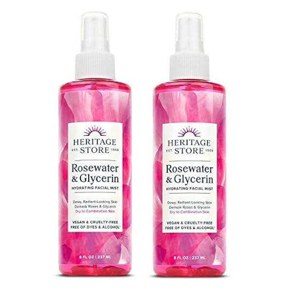Heritage Store Rosewater & Glycerin 2 confezioni da 2 nebulizzatori idratanti per la cura della pelle mista, spray per acqua di rosa per viso con glicerina vegetale, vegano, 226.8 g ciascuno