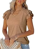 Dokotoo Womens Tops v Neck Flowy Ruffle t Shirts Solid Color Basic Knit Ribbed Cute Ladies Top Spring Summer Business Casual Shirts for Women Khaki Medium