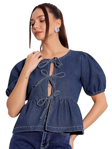 Image of Miss Chase Women's Round Neck Half Sleeves Cotton Lace and Pearl Detailing