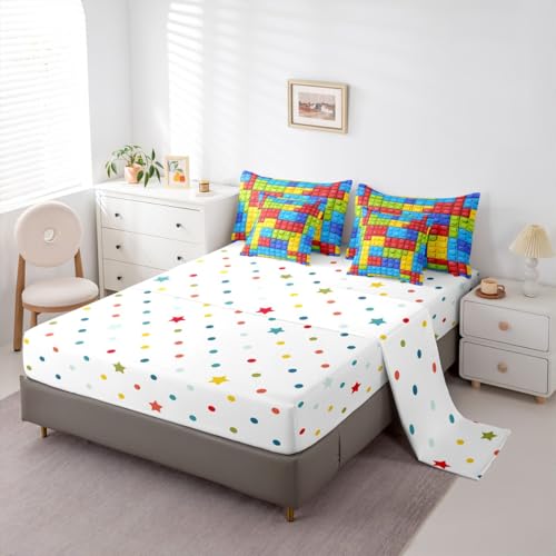Image of Feelyou Colorful Toy 7 Piece Bedding Set Teen Women Men Funny Building Blocks Decoration Comforter Set with Sheets King Size Kids Boys Colorful Geometric Brick Bed in a Bag Cute Games Room Decor