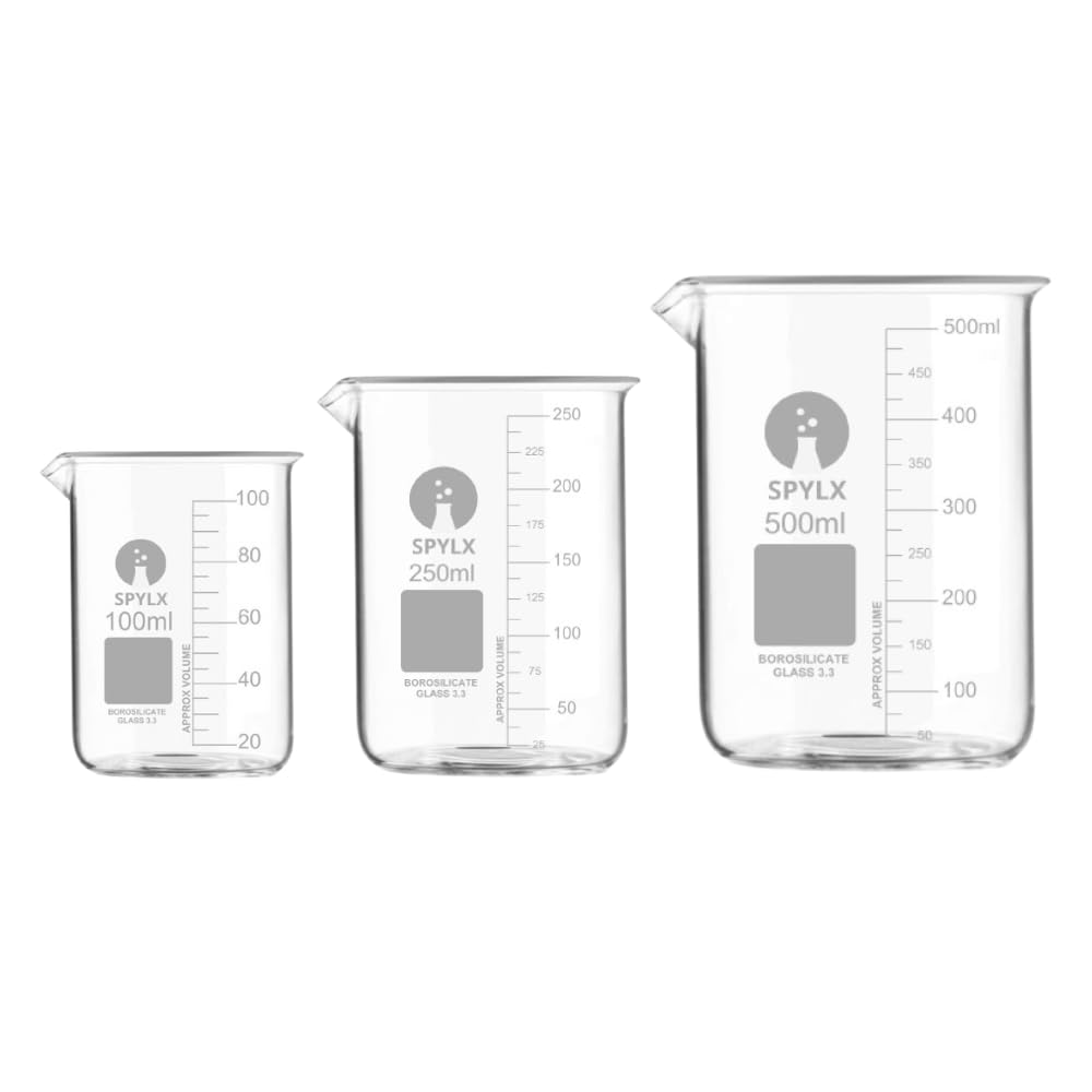 SPYLX Borosilicate Glass Beaker 100 ml, 250 ml, 500 ml with Graduation Marks, Set of 3 Beakers Detailed, easy-to-read scale for precise measurements.-image-19