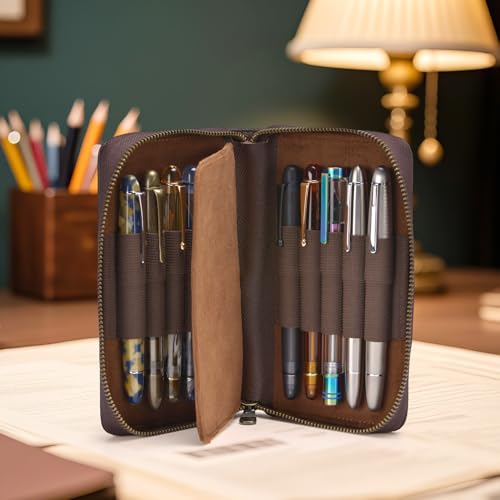 Image of Fountain Pen Leather Pen Case 10 Divided Slots, Rollerball Pen Holder Handmade Display Organizer Zippered Pouch