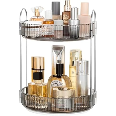 Vorey 360 Rotating Makeup Organizer Countertop 2 Tier Bathroom Organizer Spinning Perfume Organizers Skincare Organizers Makeup Carousel with Silver Handle Cosmetic Brush Storage, Clear Gray Cover