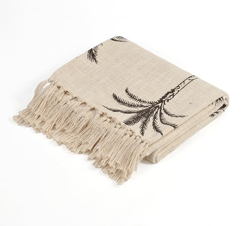 Image of Palm Tree Print Cotton Throw Blanket | Soft Lightweight Decorative Sofa & Bed Throw with Tassels | Beige & Black Woven Tropical Design, 125x150 cm (50x60 Inches)