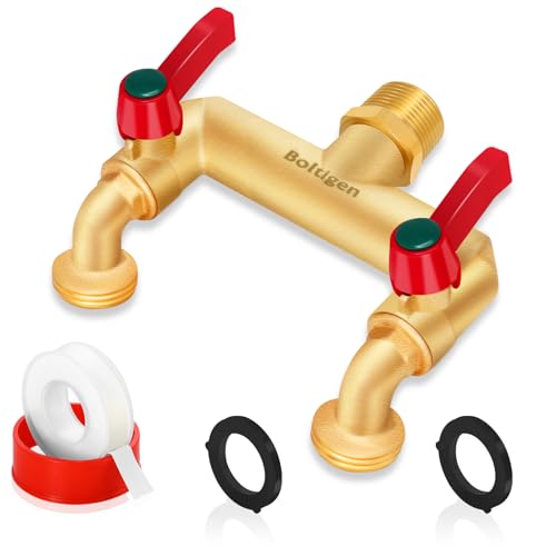 Boltigen 2 Way Outdoor Faucet Splitter, Heavy Duty Brass High Flow Garden Hose Faucet with 2 Extension Handles, 3/4