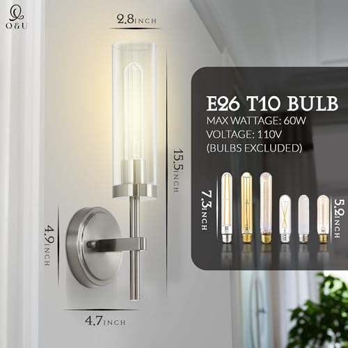 Image of Q&U Brushed Nickel Hardwired Wall Sconces Set of 2 - Modern Bathroom Vanity Light Fixtures, Farmhouse Wall Mount Lamps for Mirror, Living Room, Bedroom, and Hallway