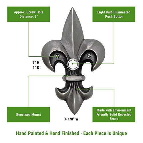 Waterwood Solid Brass Large Fleur De Lis Doorbell In Pewter - Wired & Illuminated Push Button From Environmentally Friendly Recycled Material #TOP1