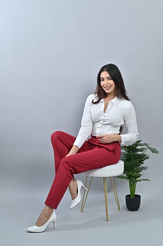 Image of Mlada Straight Fit Cigarette Pencil Pants Elastic Waist Band Mid High Waist Formal Office Trousers for Women, Pockets for Travel Stretch Cotton Knit Full Length Regular /Plus Size