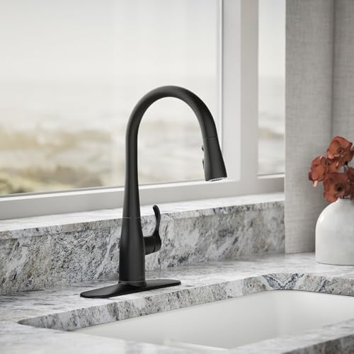 Image of KOHLER K-597-BL Simplice Pull Down Kitchen Faucet, 3-Spray Faucet, Kitchen Sink Faucet with Pull Down Sprayer, Matte Black