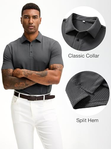 JEMLDL Men's Jacquard Collared Short Sleeve Polo Shirts Moisture Wicking Lightweight Breeze Golf Polo Shirts Dark Gray M — view 6