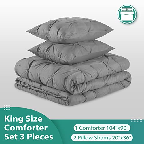Downluxe Pintuck King Size Comforter Set With 2 Pillow Shams - 3-Piece - Light Grey King Comforter Set For All Seasons, Pinch Pleat Microfiber Down Alternative Bedding Comforter Sets #TOP5